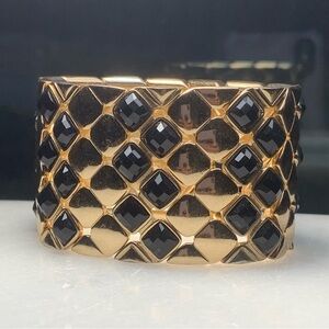 Wide Gold Tone Stretch Cuff Bracelet w/ Faceted Black Stones